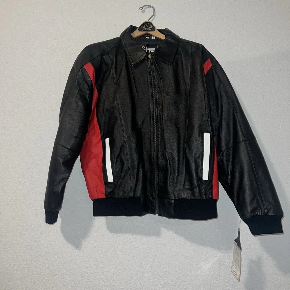Two Plus Two Button Zip Up Leather Jacket USA Flag Vintage Size XL Rare‎